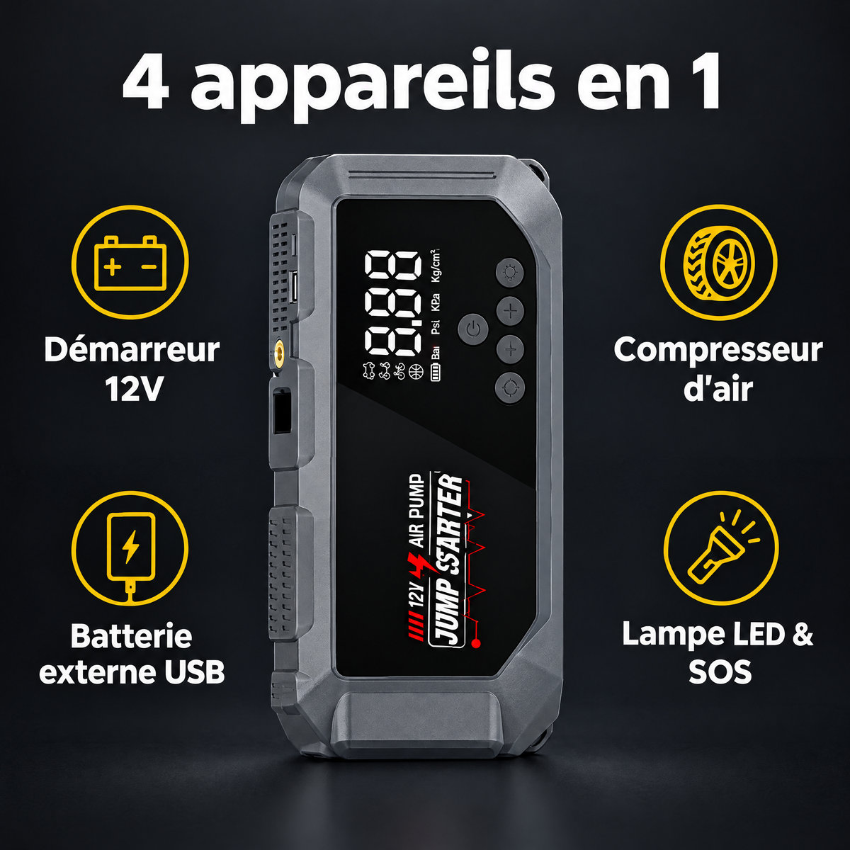 4 appareils en 1 : démarreur, compresseur, batterie externe, lampe