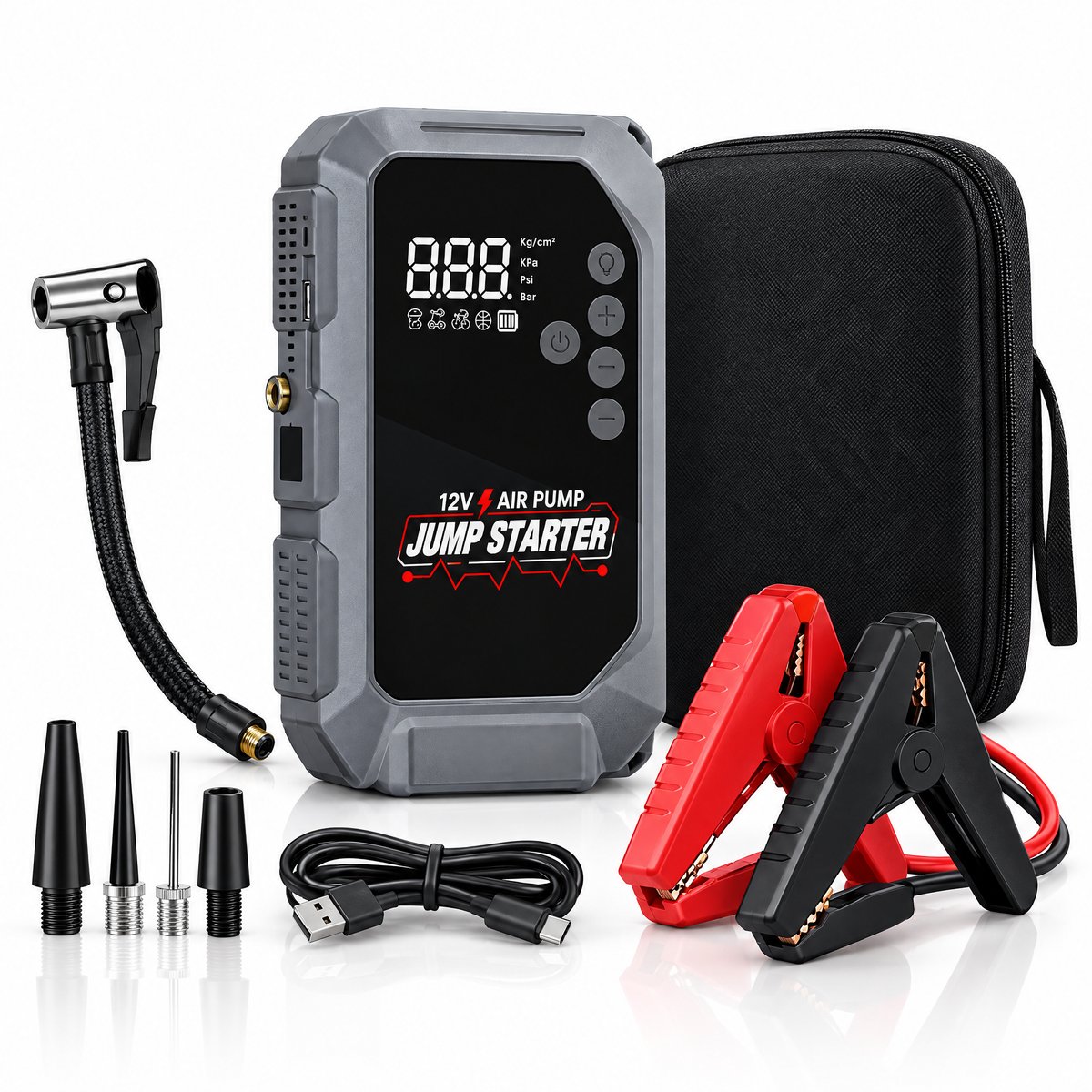 Démarreur-gonfleur 12V avec ses accessoires