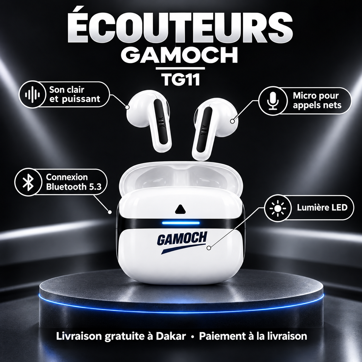 Écouteurs Gamoch TG11 blancs avec boîtier de charge