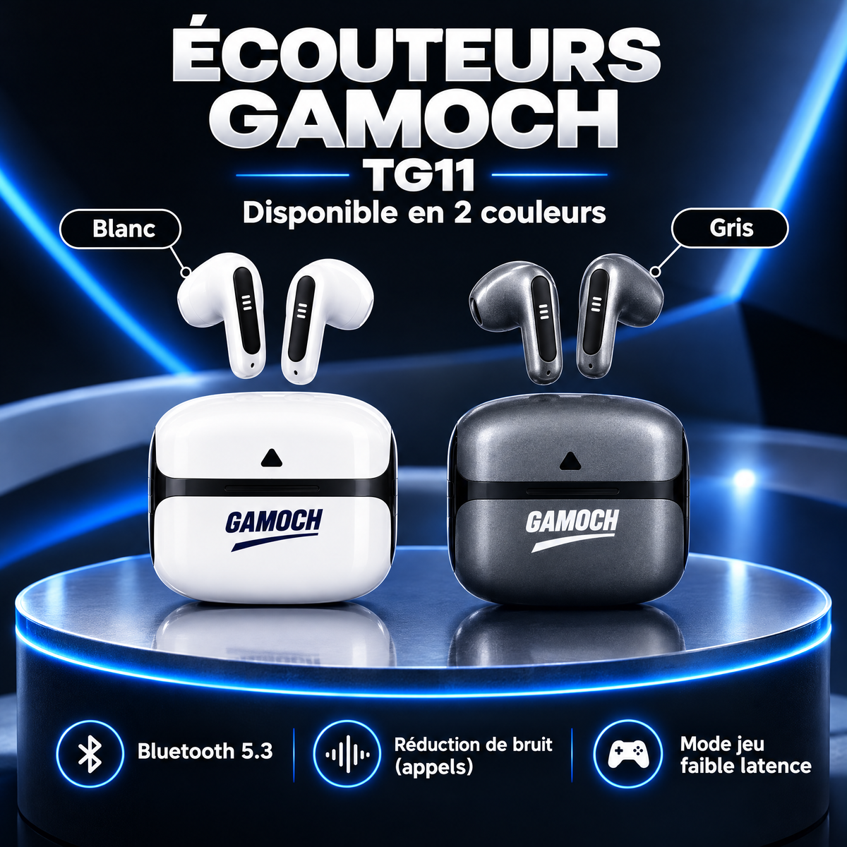 Écouteurs Gamoch TG11 disponibles en blanc et en gris