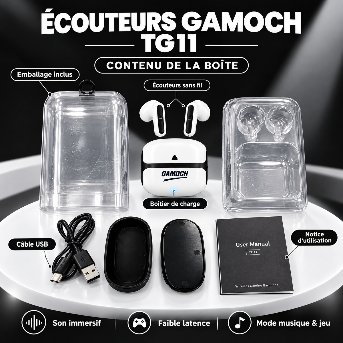 Contenu de la boîte des écouteurs Gamoch TG11